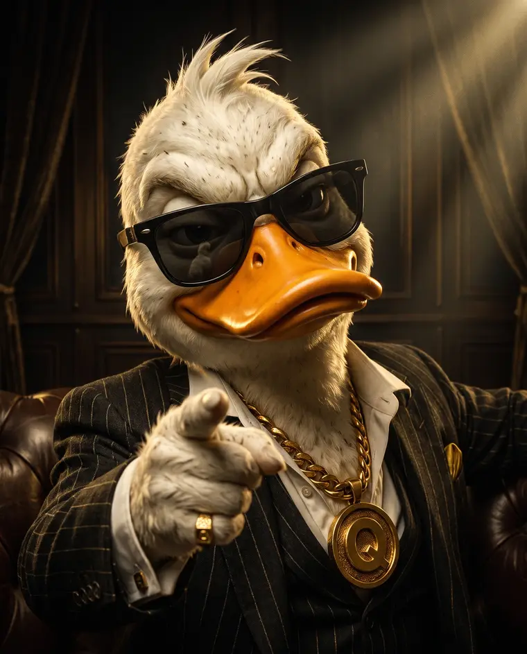 FAWK Q pointing straight at you over his sunglasses, gold Q medallion on his chest, daring you to get in.