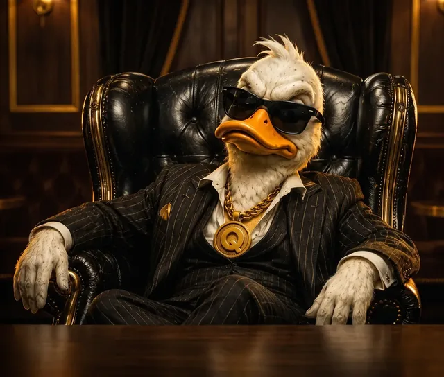 The FAWK Q boss duck: pinstripe suit, black shades, gold chain and Q medallion.