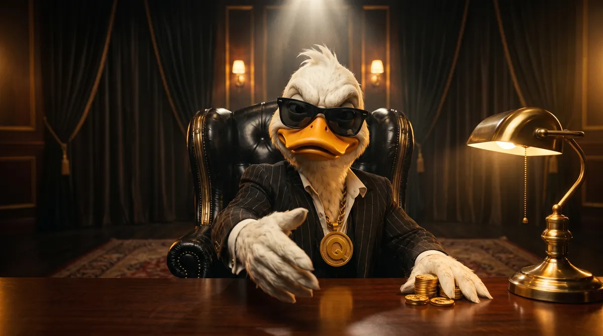 The FAWK Q duck leaning across his desk to shake your hand