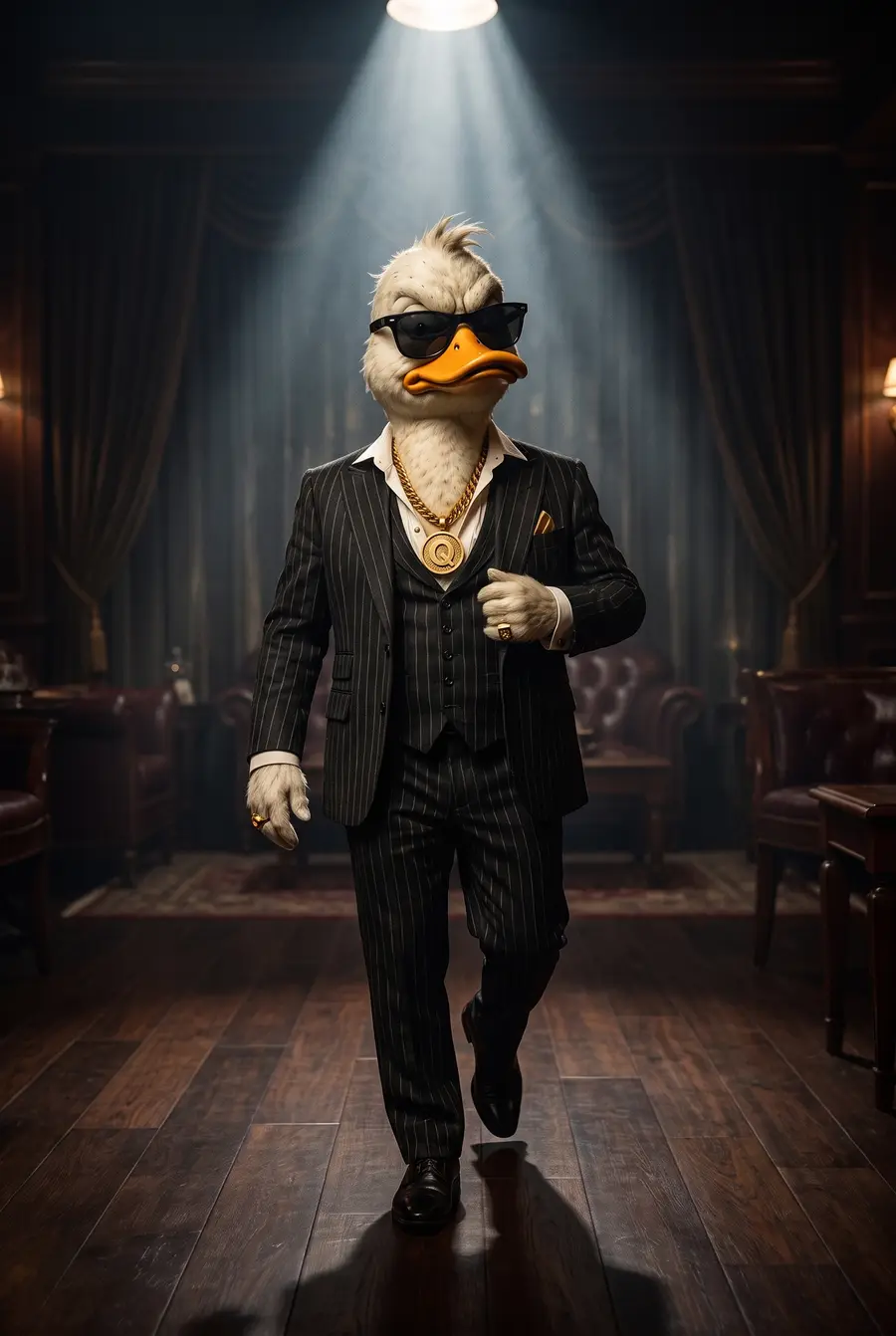 FAWK Q, a pinstripe-suited duck in sunglasses and a gold Q medallion, striding into a spotlight.