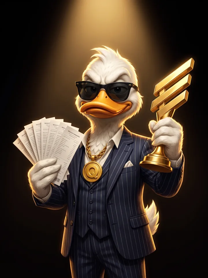 FAWK Q in his pinstripe suit hoisting a gold trophy in one wing and fanning a spread of paper receipts in the other.